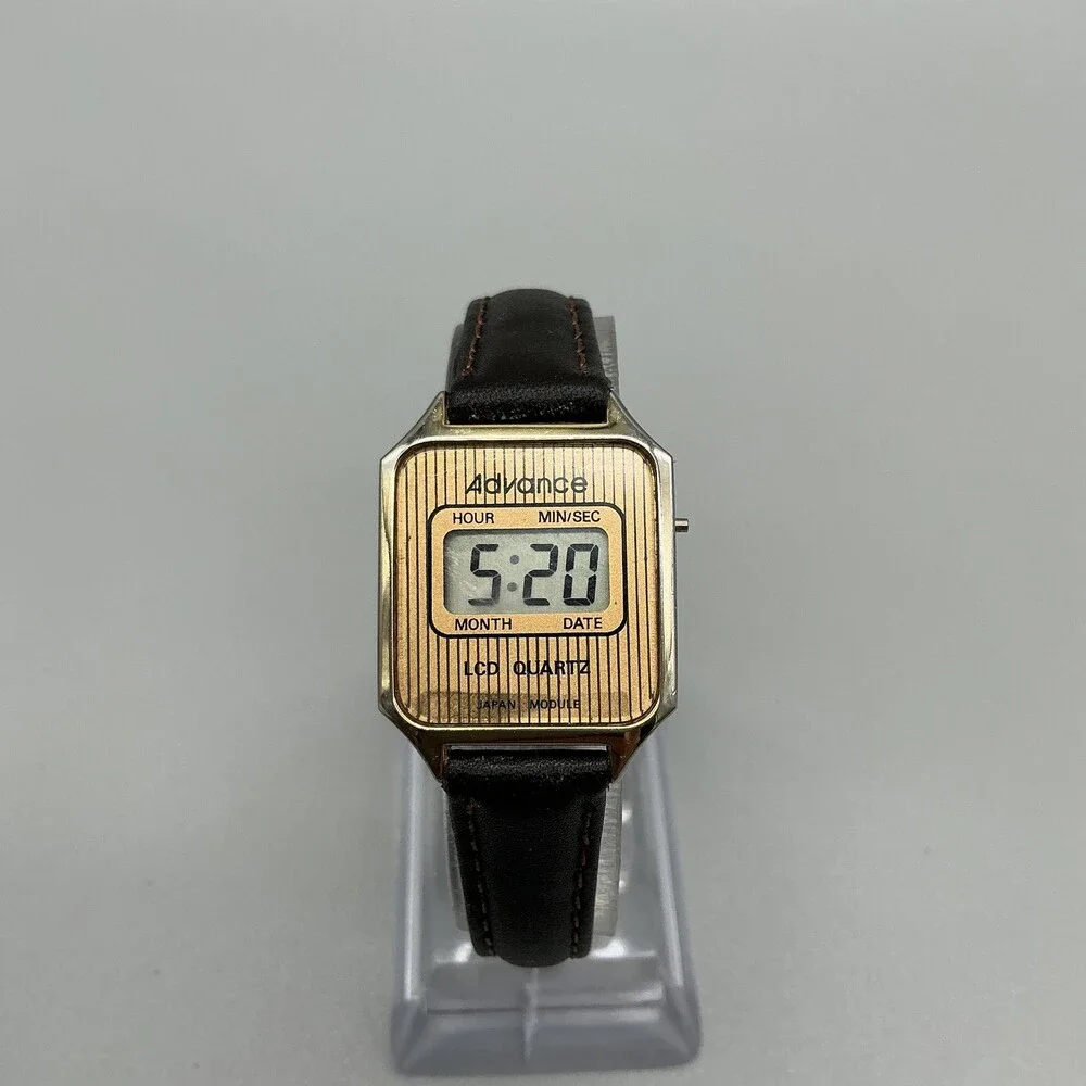 Vintage Advance Womens Watch 23mm Gold LCD Digital Black Leather New Battery